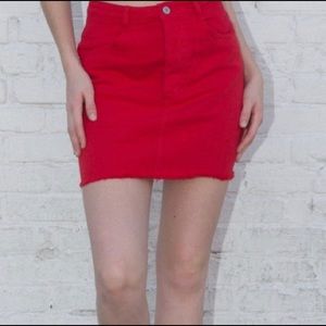 Red denim mini skirt